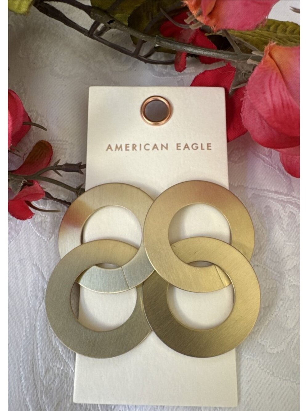 American Eagle Matte Gold Tone Chunky Double Circle Hoop Drop Earrings 2" NEW